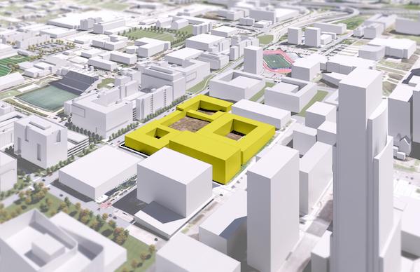 Rendering of the new development at the former Civic Auditorium site, with new buildings highlighted yellow.
